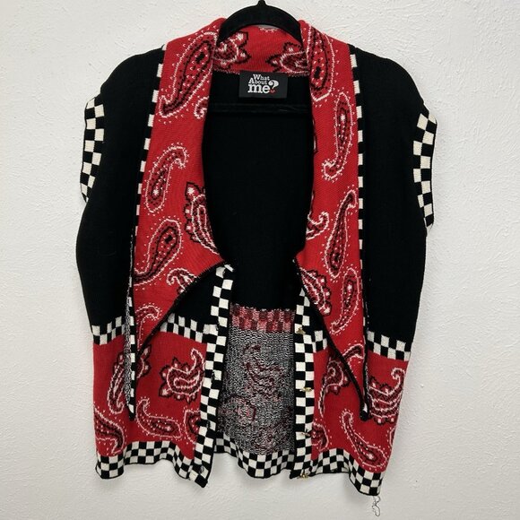 VTG 90s Red Paisley Black White Checkered Vest Artsy, Unique Buttons Quirky 2XL - Picture 9 of 11